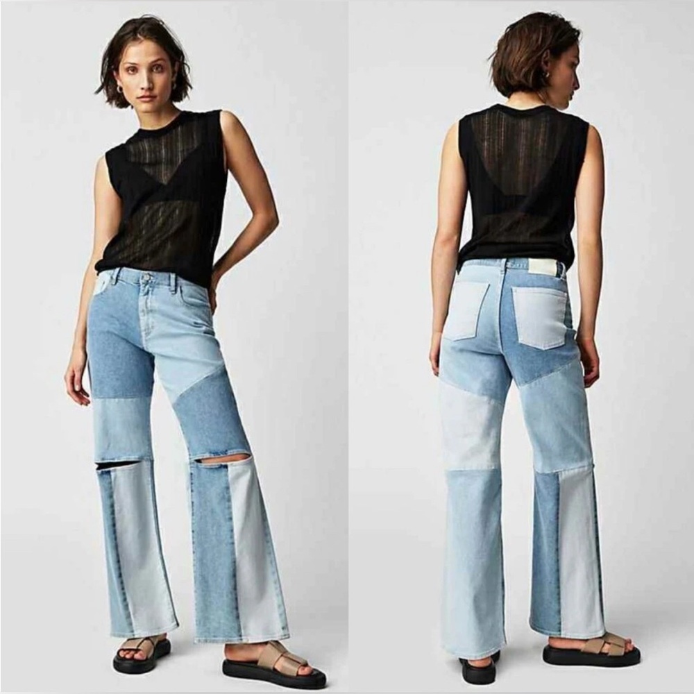 Free People DL1961 Ksenia Schnaider Zoie High Waist Wide Leg Patchwork Jeans 32